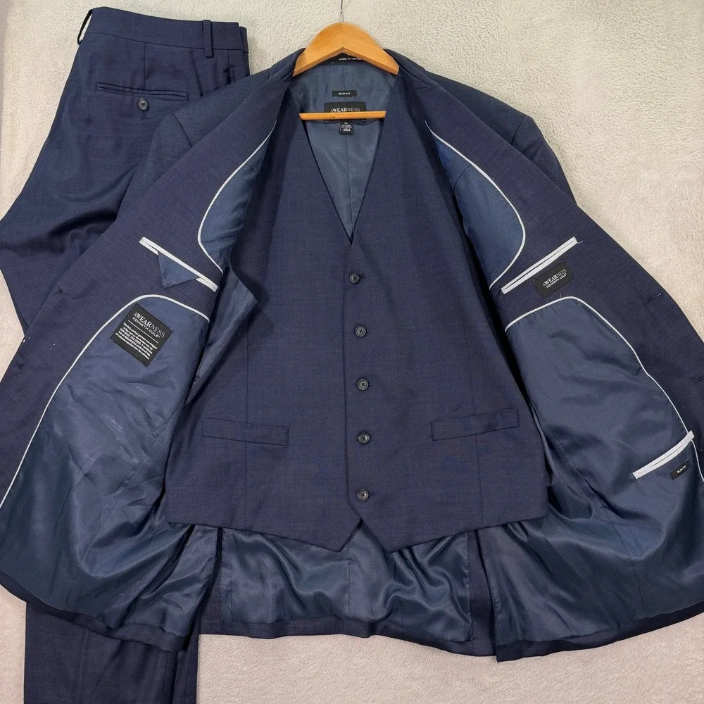 Awearness Kenneth Cole Mens 46L 3-Piece Suit Vest Blue Slim Fit Wool Blend 36x31 - Picture 5 of 16